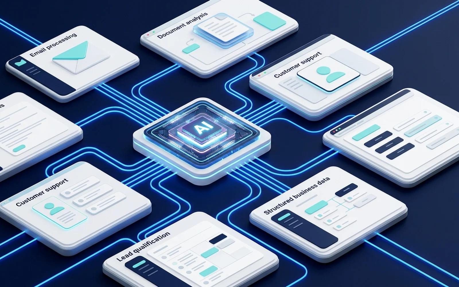 Editorial illustration of an intelligent processing system coordinating connected business workflows