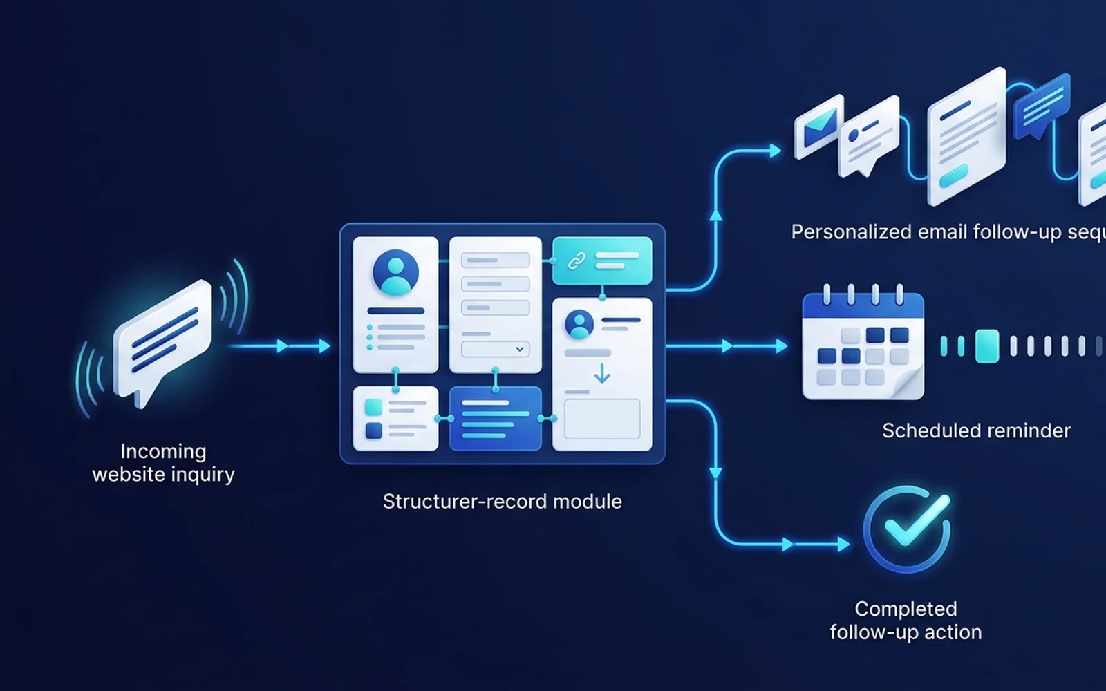 Editorial illustration of an automated lead follow-up workflow connecting an inquiry, customer record, email, and reminder