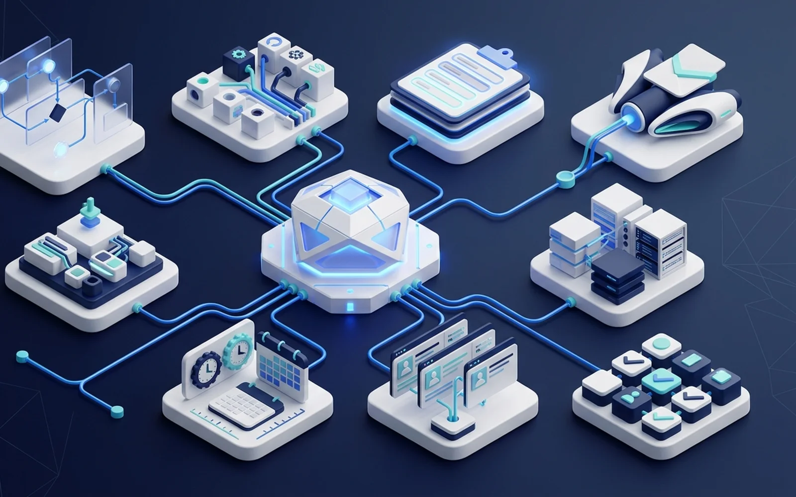 Editorial illustration of multiple no-code automation modules connected through a central workflow hub