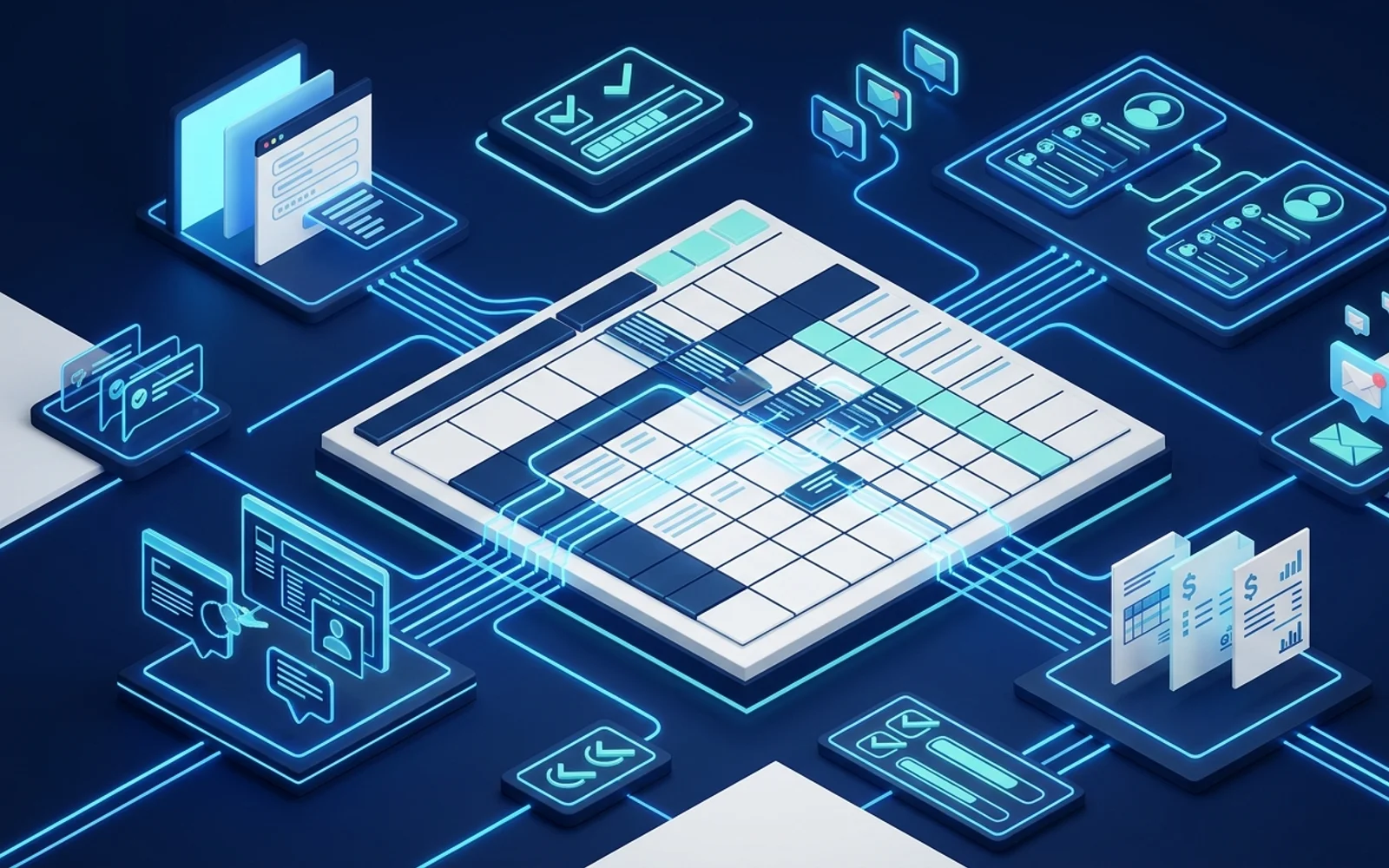 Editorial illustration of spreadsheet data connected to automated business workflows