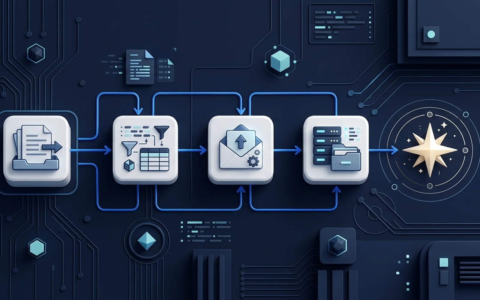 Editorial illustration of a beginner visual automation workflow connecting a trigger to several actions
