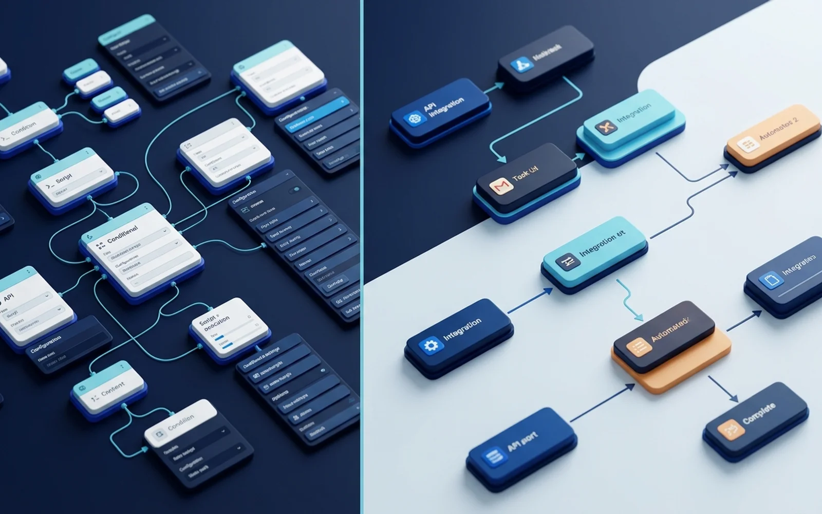 Editorial comparison of a complex branching workflow and a simpler linear automation workflow